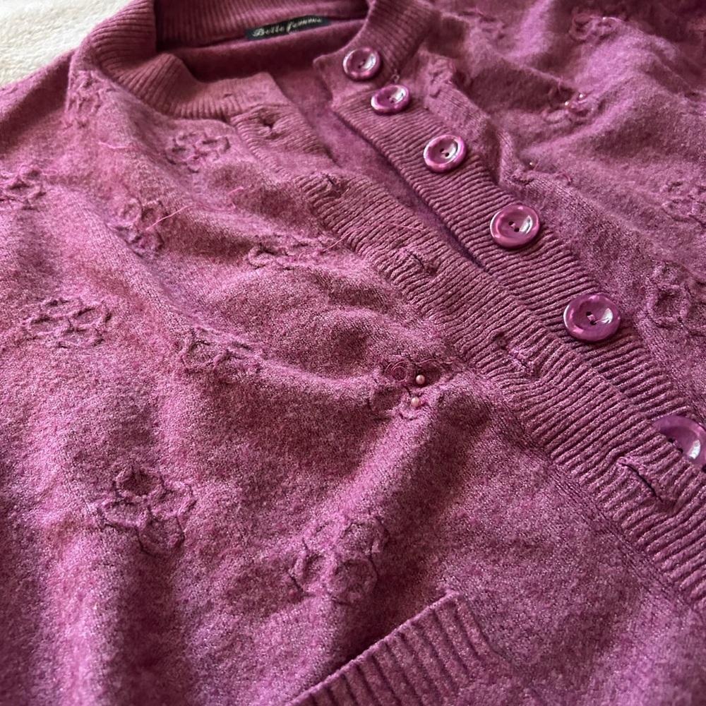 Belle‎ Femme Women’s Wool Cashmere Blend Mauve Cardigan Large Grandma Cozy - Picture 6 of 16